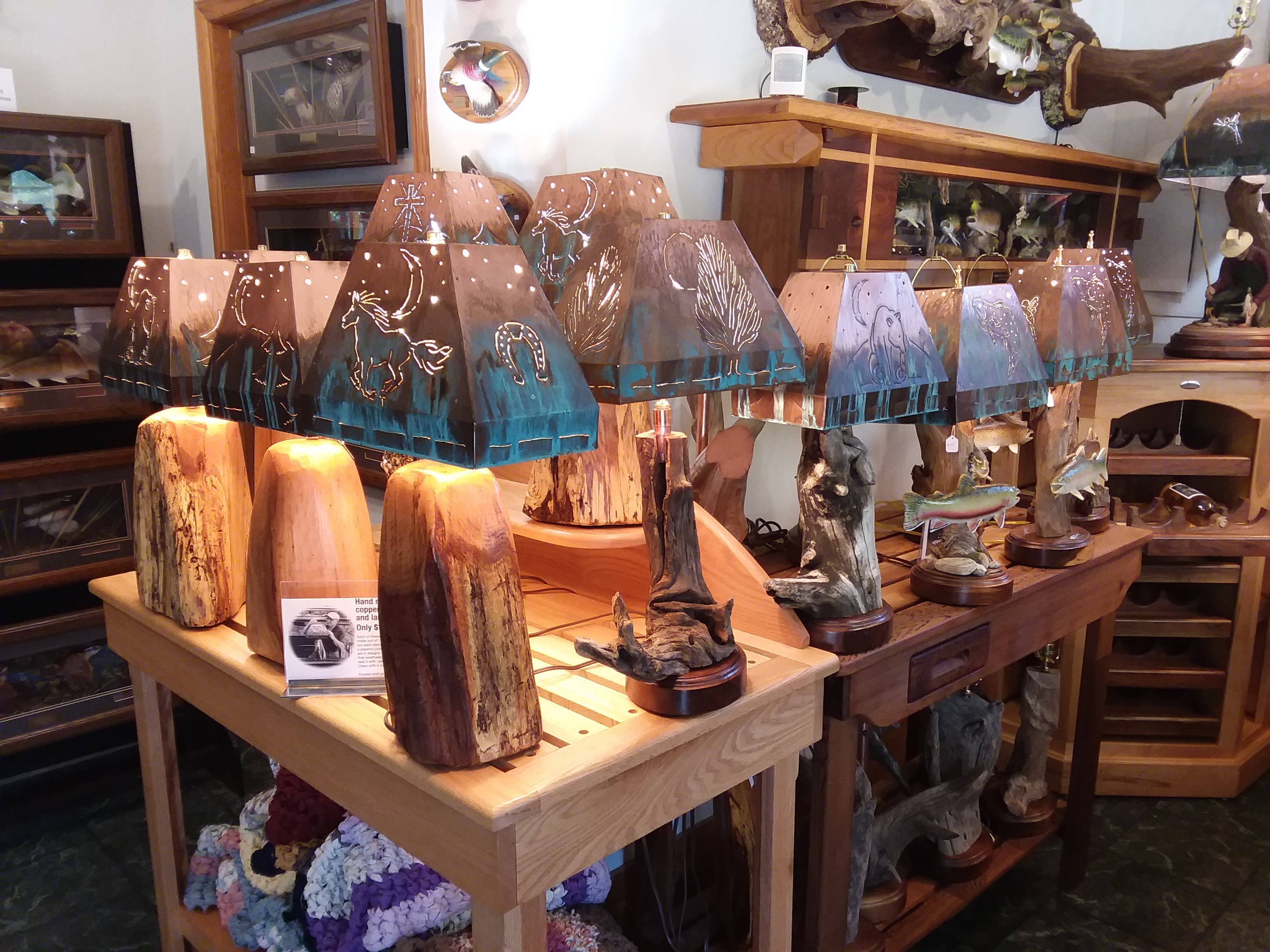 Variety of Copper Shade Lamps with Oak bases pictured in our shop