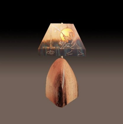 Copper Lamp Shade with Fishing Boy Design on Red Oak Base
