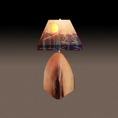 Copper Lamp Shade with Mountain Evergreen Design on Red Oak Base