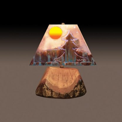 Miniature Sized Rustic Lamp with Copper Shade and Mountain Evergreen Design