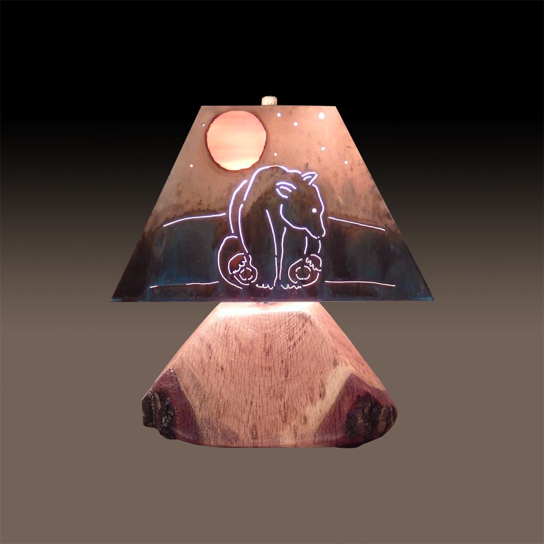 Minature sized rustic copper shade lamp featuring our bear design with stained glass inlay