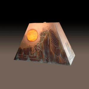 Western Style Copper Lamp Shade with Horse in the sun and hills in background.