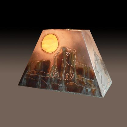 Log Cabin Style Copper Lamp Shade with bear sitting under moon light and stars. Rolling hills in the background and evergreens on the side