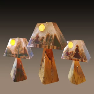 Combination shot of small and medium Hickory log bases lamps with copper shades